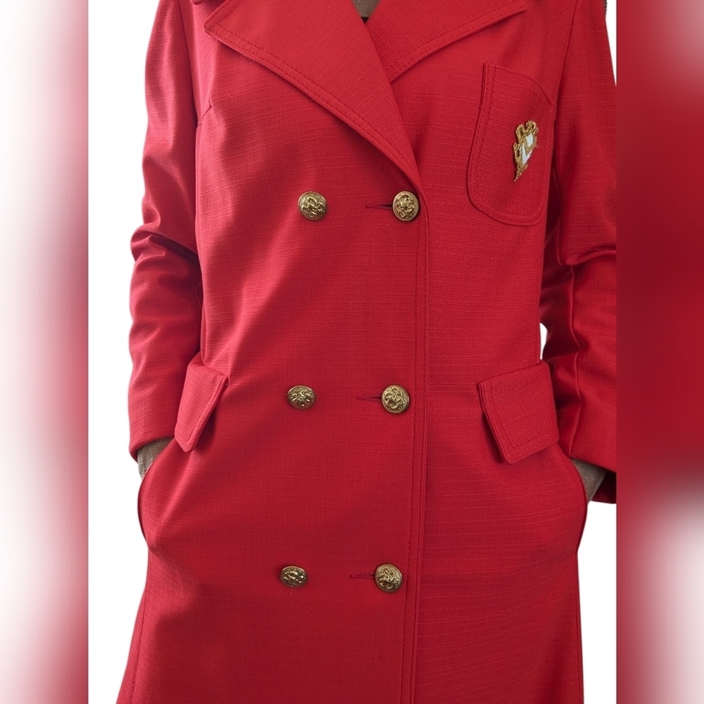 Vintage Smug Red Double Breasted Blazer Coat Gold Crest Buttons Preppy 70s Mod - Picture 9 of 9